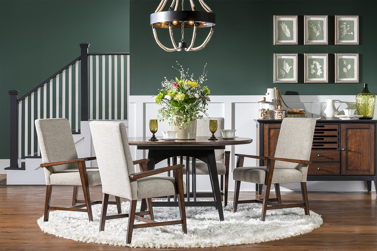 Dining room with modern artwork and barn doors